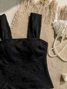 Swim Vcay 2pcs Women Summer Beach Jacquard Textured Fabric Swimsuit Set - Black - View 3