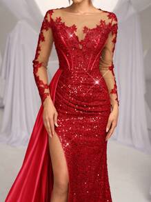 Glamrae Elegant Luxurious Embroidered Applique Lace Sequined Satin Ruched Mermaid Tail Split Hem Long Dress With Train,Suitable For Weddings,Formal Parties - Red - View 1