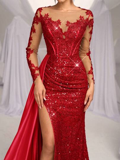 Glamrae Elegant Luxurious Embroidered Applique Lace Sequined Satin Ruched Mermaid Tail Split Hem Long Dress With Train, Suitable For Weddings, Parties, Vacations, Balls, Formal Events (Heavily Embellished), Party Dress, Gown, For Evening, Wedding Guest, For Valentine's Day