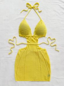 Soleia Robe en maille femme à col ras-du-cou sans dos, de couleur unie, pour les vacances à la plage - Jaune moutarde - Voir 4