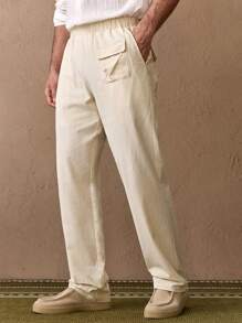 Manfinity VCAY Men's Woven Casual Loose Fit Solid Color Elastic Waist Straight Leg Trousers, Everyday Wear - Apricot - View 1