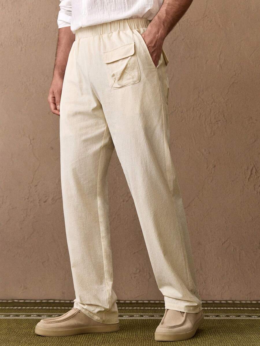 Manfinity VCAY Men's Woven Casual Loose Fit Solid Color Elastic Waist Straight Leg Trousers, Everyday Wear - Apricot - View 1