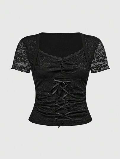 Goth Plus Size Women's Vintage Lace Bow Decor T-Shirt
