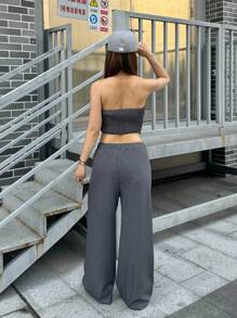 SHEIN Conjunto de dos piezas de ropa de calle para adolescentes primavera/verano, top corto gris + pantalón recto, con bolsillos laterales y tirantes invisibles - Gris - Ver 5