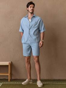 Manfinity VCAY 2pcs/Set Men's Casual Wave Print Loose Raglan Sleeve Shirt & Drawstring Waist Solid Shorts Set - Blue - View 2