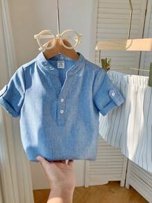 SHEIN LMoss Kids 2pcs/Set Baby Boy Summer Casual Stand Collar Blue Short Sleeve Shirt And Striped Elastic Waist Shorts Set, Suitable For Birthday Party, Evening Party, Performance, Wedding, First Month Celebration, Baptism And 1st Birthday Party, Baby Shower Shirt For Baby Boy Baby Boy Shirts Summer - Multicolor - View 7