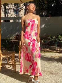 DAZY Robe midi d'été pour femmes avec imprimé floral tie-dye, bretelles spaghetti ajustée. Texture de mousseline de soie rayée, robe décontractée pour femmes, tenue de croisière - Rose vif - Voir 1