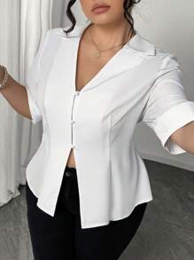 Elenzga Plus Size Soft Woven Fabric V-Neck Lapel Cardigan, Fitted Waist A-Line Hem, 3/4 Sleeves Cuff Turnup, Casual Commuter Shirt - White - View 6