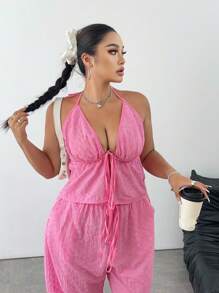 Flirla 另加 2 件纯色纹理蝴蝶结前吊带上衣和裤子套装，简约修身女士粉色套装 - 粉色 - 查看 4