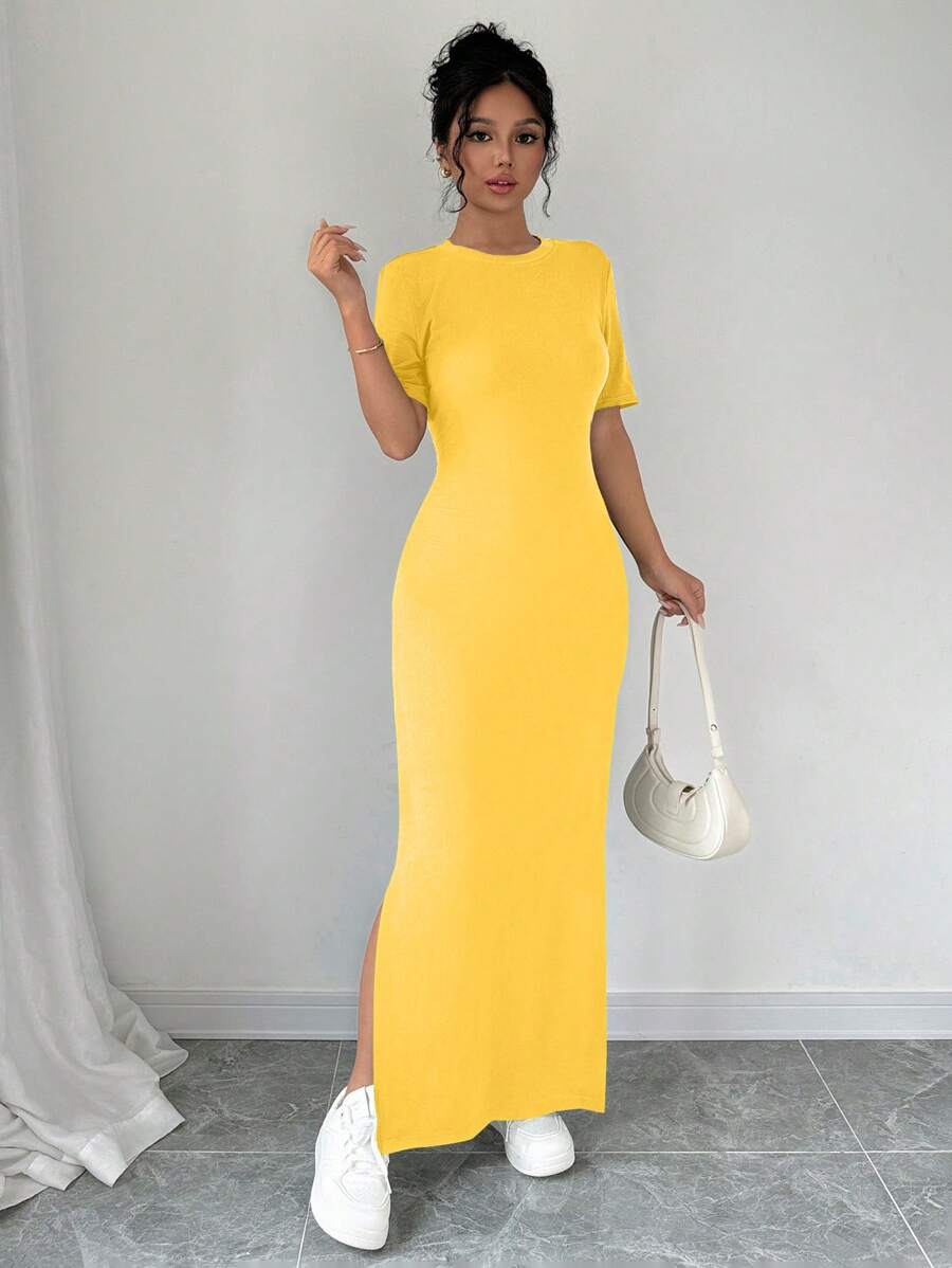 Chiquease 女式V领开衩纯色短袖黄色连衣裙长款女装 - 橘色 - 查看 1