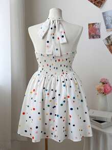 Flirla Plus Size Polka Dot Print Halter Backless Casual Summer Dress - White - View 2