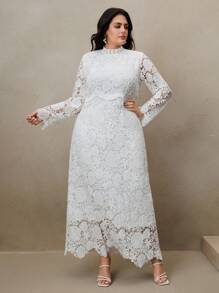 Anewsta 大码优雅纯色立领长袖蕾丝连衣裙