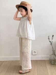 DAZY 2件套女童休闲露背上衣和长裤套装，春夏度假装 - 米色 - 查看 4