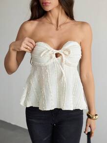 SHEIN Tall Blusa de mujer de unicolor con hombros descubiertos, lazo delantero y volantes texturados, atuendo para conciertos, festivales rave y música country de verano