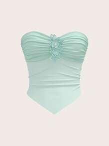 SHEIN ICON חולצה אופנתית עם אפליקציה ורשת לנשים, חולצות קיץ חמודות ופרספקטיבה סקסית - ירוק - ראה 3