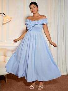 Cravure Plus Size Women Fashion Elegant Off Shoulder Ruffle Trim Midi Dress, Casual Romantic Retro Minimalist For Holiday, Valentine's Day, Evening Gown, Party, Graduation - Blue - View 7