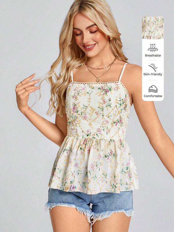 Wildy Floral Print Smocked Peplum Summer Top For Women, Cute And Stylish Camisole,Summer Tops