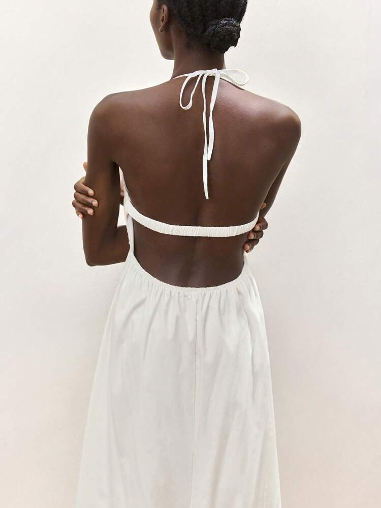 SHEIN Maija Women's White U-Neck Dress, Open Back Tie-Up Solid Color Loose A-Line Vacation Dress For Summer