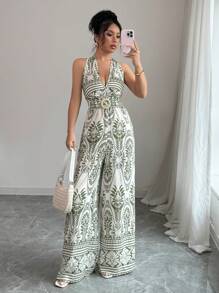 Elenzga 女士休闲露背波西米亚风格夏季沙滩连体裤，复活节露肩 - 彩色 - 查看 3