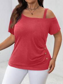 SHEIN LUNE Plus Size Solid Color Oblique Shoulder T-Shirt, Fashion For Summer - Watermelon Pink - View 4