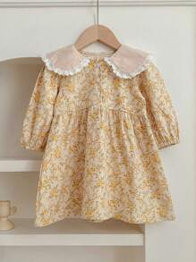 SHEIN Kleid im pastoralen Stil für Kleine Mädchen mit Rüschenkragen und Blümchenmuster, für Frühling/Herbst - Gelb - Übersicht 2
