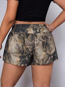 SHEIN EZwear Plus Size Women Snake Skin Print Denim Shorts, Street Style Summer - Brown - View 2