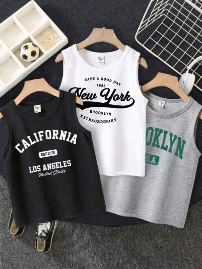 SHEIN 3pcs/Pack Tween Boys' Casual Classic Vintage City Name Graphic Print Crew Neck Vest, Suitable For Summer, School, Campus, College