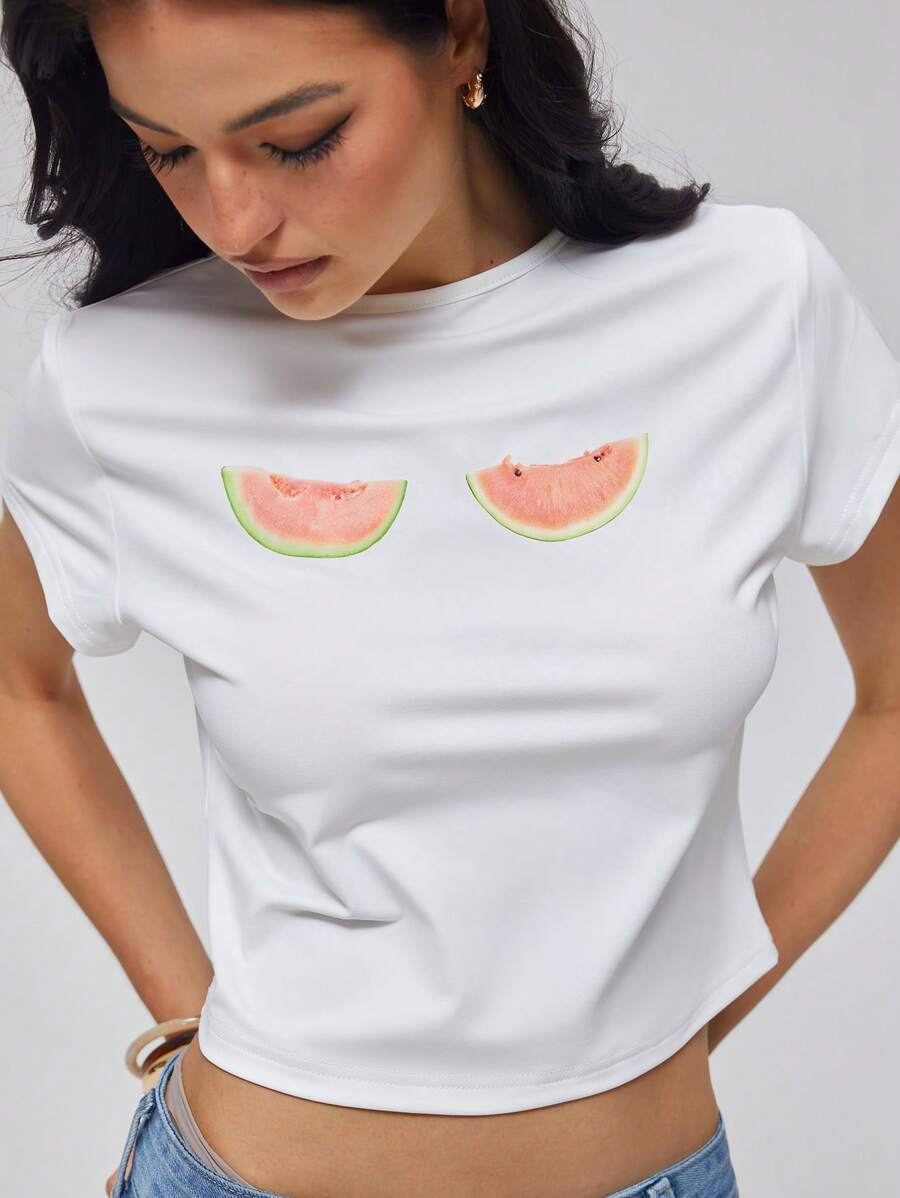Roylia 女士休闲夏季西瓜印花露肩短袖短款 T 恤，功能性面料 - 白色 - 查看 1