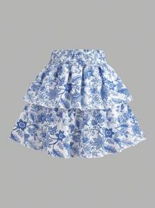 2pcs Teenage Summer Vacation Set - White Pleated Camisole Top & Blue Printed Mini Skirt