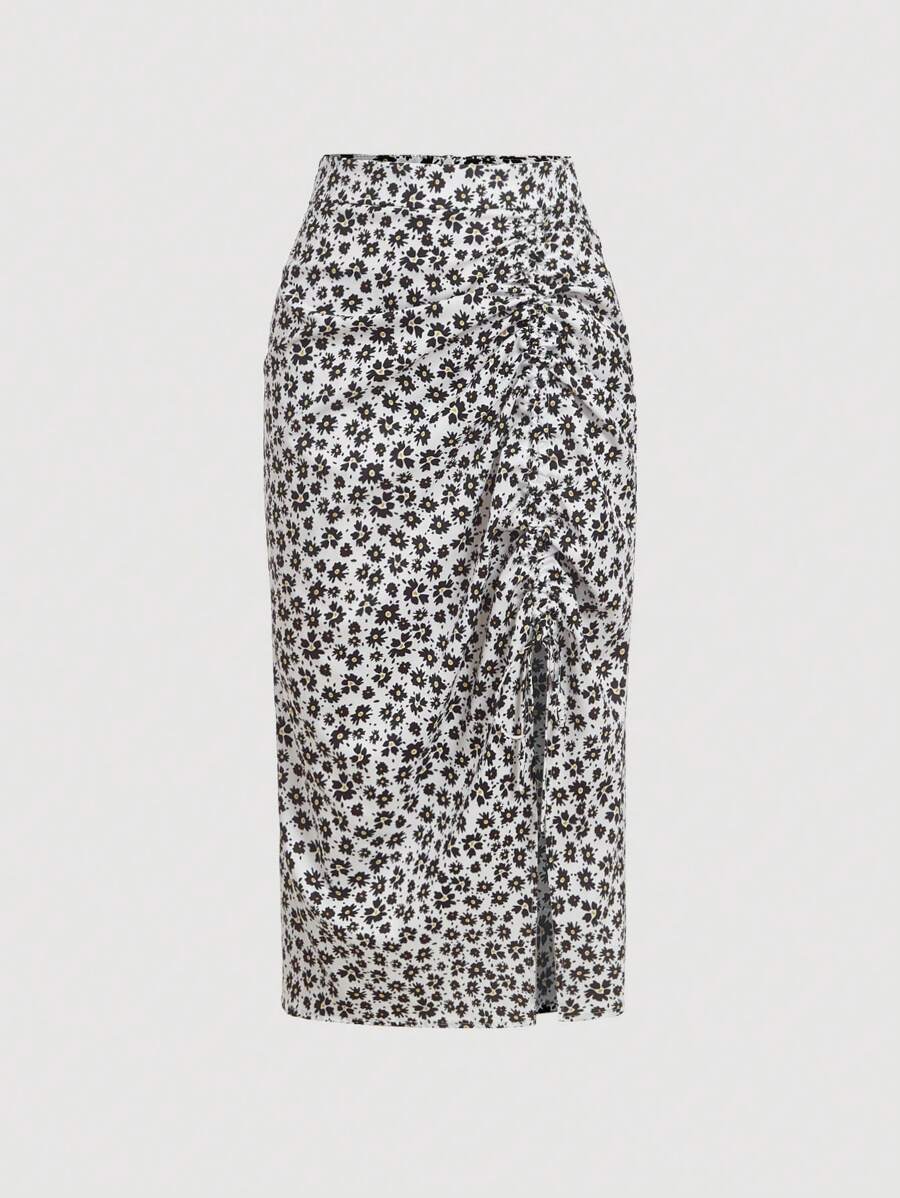 SHEIN MOD Falda informal de vacaciones con cordón y volantes con estampado de flores diminutas para mujer - Blanco - Ver 1