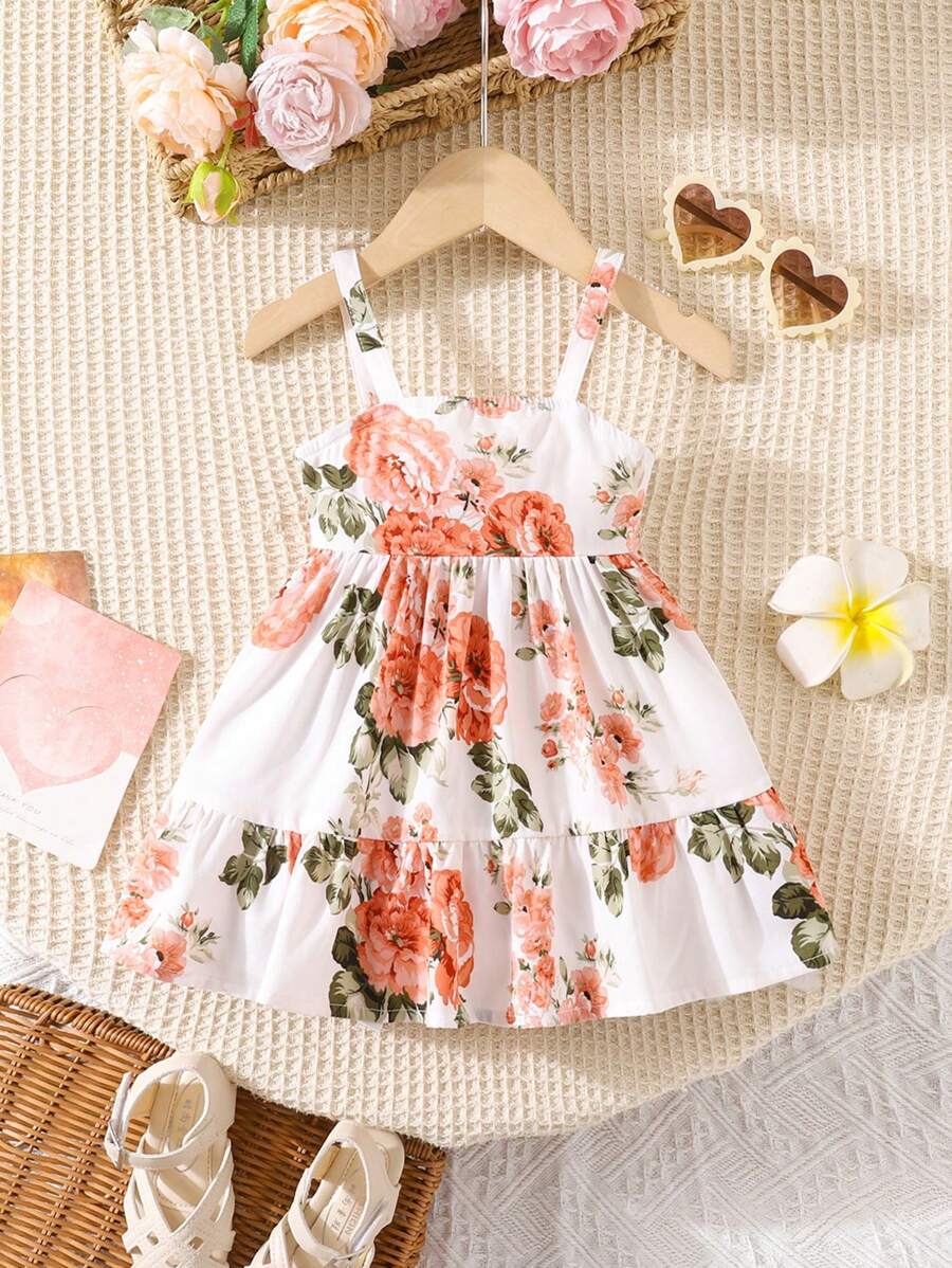 SHEIN Babygirl Summer Cute Vacation White Leaves Pattern Sleeveless Dress