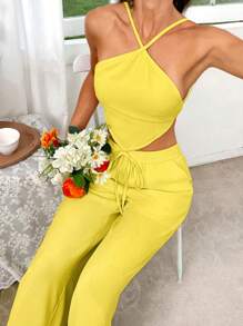 SHEIN VCAY Butter Yellow Summer Vacation 2 Pieces Sets Woman,Casual Backless Two Pieces Outfits For Daily Wear,Beach Holiday Rave Outfits Festival,Pants Set - Yellow - View 9