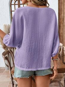 SHEIN LUNE Blusa casual de mujer de unicolor con mangas raglán de murciélago, camisa básica de uso diario para primavera/verano