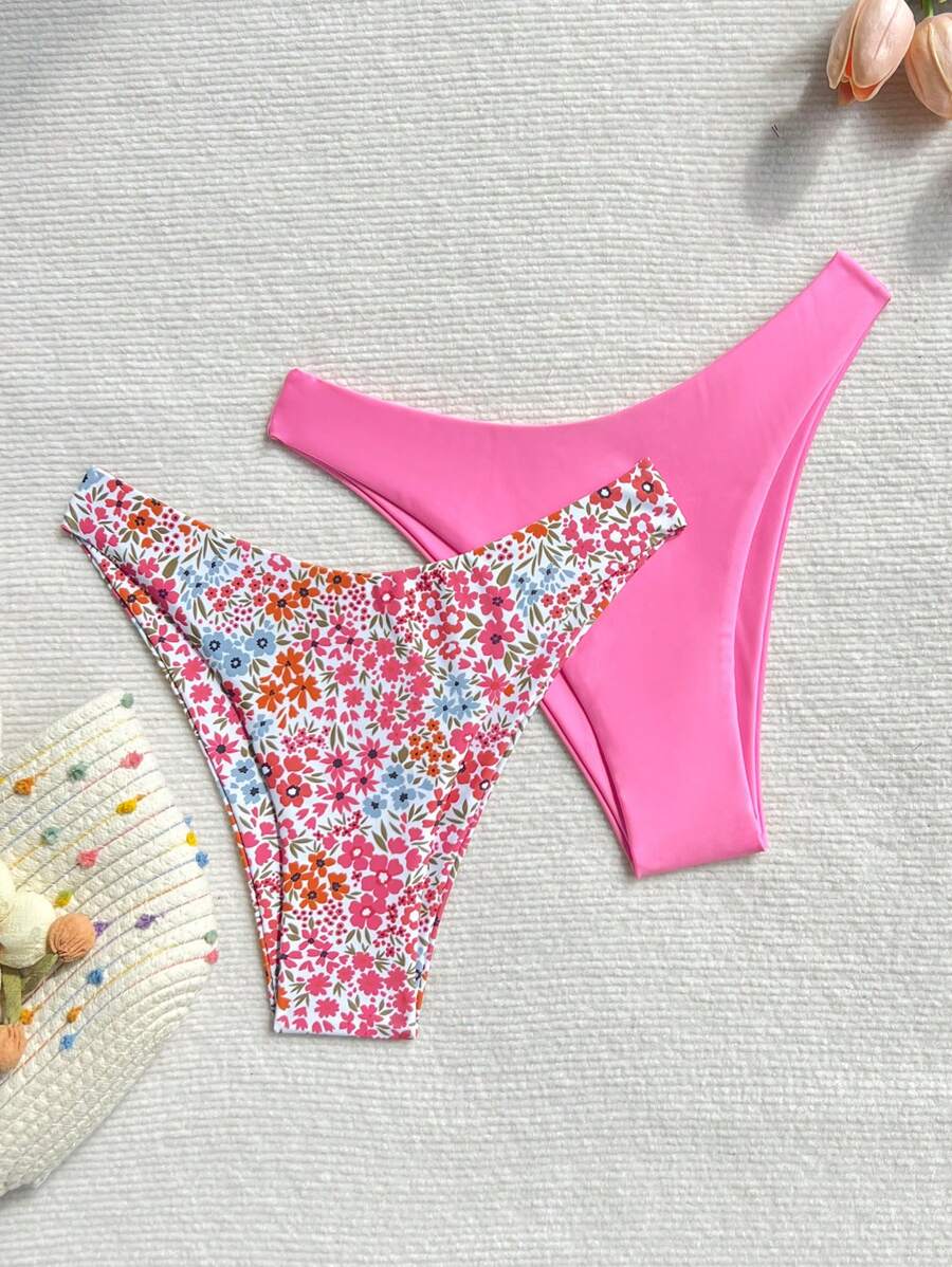 SHEIN Swim 2pcs Women Plain & Leopard Print Swimsuit Bottoms Leopard Bikini For Summer Beach Vacation - Multicolor - View 1