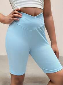 SHEIN Tween Girls Slim Fit V-Shaped Waistband Design Ribbed Short Leggings , Biker Shorts - Baby Blue - View 5