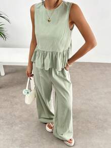 SHEIN EZwear 2pcs Women Green Plaid Woven Crop Top With Ruffle Hem And Pants Set - Green - View 5