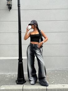 SHEIN EZwear Women's Casual Extra Long Black Denim Jeans With Zipper Details And A Stylish Two-Tone Fade