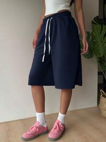 SHEIN EZwear 海军蓝针织宽松阔腿百慕大短裤，夏季 - 藏蓝色 - 查看 6