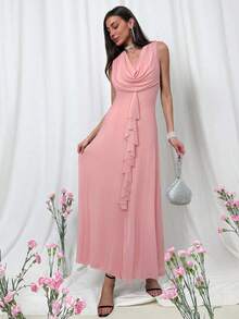 Aloruh Đầm dài cổ xếp nếp trơn thanh lịch cho nữ mùa hè - Hồng - Xem 5