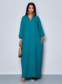 SOLERSUN Women's Fashionable V Neck Loose Batwing Sleeve Without Belt Dress For Holiday Maxi Women Outfit - Teal Blue - View 8