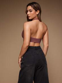 SHEIN Women's Solid Neck Halter Backless Wireless Casual Bra - Burgundy - View 2
