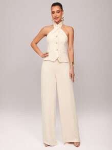 Silquee Premium Quality Summer Solid Beige Linen Halter Neck Metal Buckle Decorated Top + Trousers, Elegant Commuting Sexy Office Ladies Daily Two-Piece Clothing, Suitable For Daily Outings, Office Wear, Girlfriends Dating