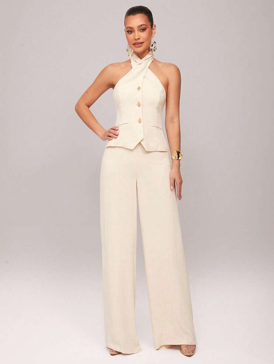 Silquee Premium Quality Summer Solid Beige Linen Halter Neck Metal Buckle Decorated Top + Trousers, Elegant Commuting Sexy Office Ladies Daily Two-Piece Clothing, Suitable For Daily Outings, Office Wear, Girlfriends Dating