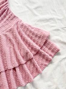 Soleia Women Vacation Textured Knit Asymmetric Shoulder Pink Mini Dress With 3D Floral Decor, Fitted With Ruffle Hem - Pink - View 3