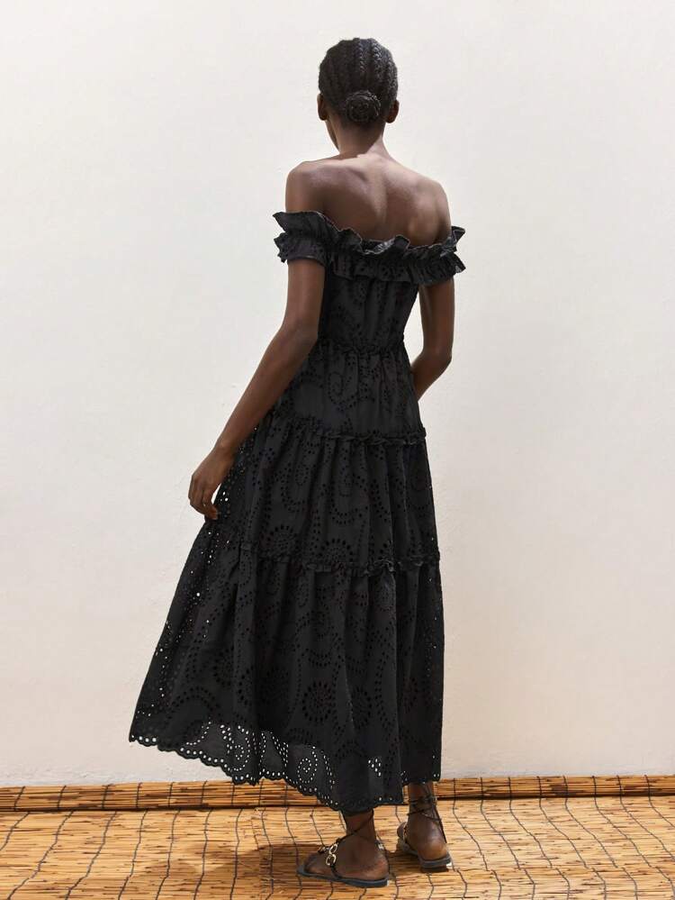 SHEIN Maija Women's Black Floral Embroidered Textured Fabric Ruffled Off Shoulder Elastic Waist A-Line Maxi Dress, Fashion Elegant Bohemian Summer Beach Holiday Long Dress Women Dresses Birthday Woman S Summer Clothes Summer Dresses For Women Black Dress