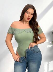 Firerie Plus Size Valentines, Wedding, St. Patrick's Day Spring/Summer New Simple Elegant Romantic Floral Green Solid Color One Shoulder Layered Ruffle Fitted Bodysuit - Green - View 3