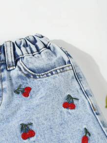 SHEIN Young Girl Summer Cherry Embroidery Cute Stylish High Waist Denim Shorts, Versatile, School, Campus, College Summer Holiday - Light Wash - View 4