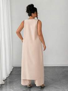 SHEIN LUNE Plus Size Sleeveless Round Neck 2 Pieces Set With 3D Flower Decor, Casual Wear For Outing & Commute - Apricot - View 2