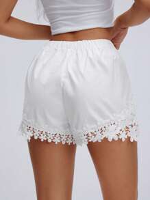 TRNVIE Shorts casuales de mujer de unicolor con cintura elástica y parches de encaje