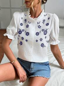 Easowa Women's Casual Embroidered Holiday White Cotton Blouse Summer Outfits For Women Vacation Outfits Woman Going Out Tops Women Cute Summer Tops Boho Women's Clothing Old Money Style